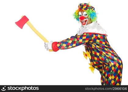 Clown with axe isolated on white