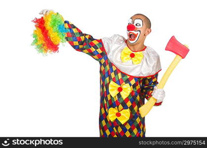 Clown with axe isolated on white