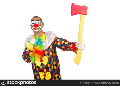 Clown with axe isolated on white