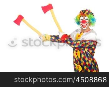 Clown with axe isolated on white