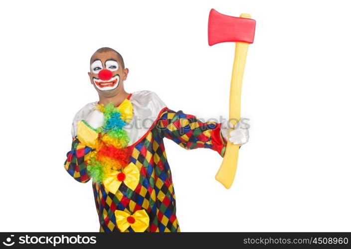 Clown with axe isolated on white