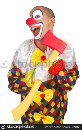 Clown with axe isolated on white