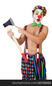 Clown with axe isolated on white
