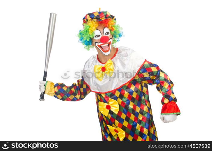 Clown with baseball bat isolated on white