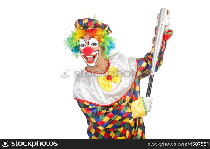 Clown with baseball bat isolated on white