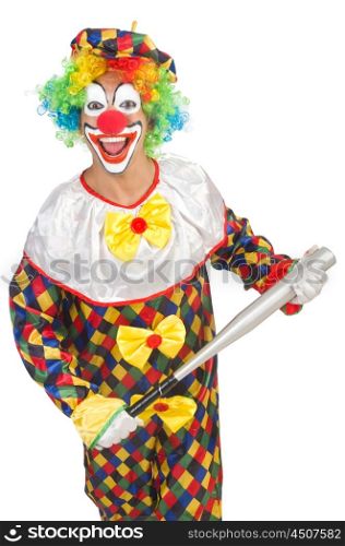 Clown with baseball bat isolated on white