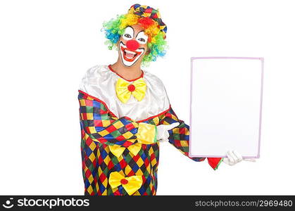 Clown with blank board on white