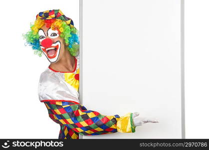 Clown with blank board on white