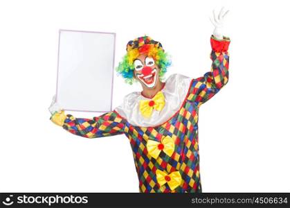 Clown with blank board on white