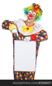 Clown with blank board on white