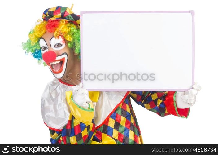 Clown with blank board on white