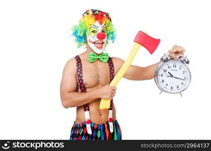 Clown with clock and axe on white