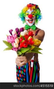 Clown with flowers on white