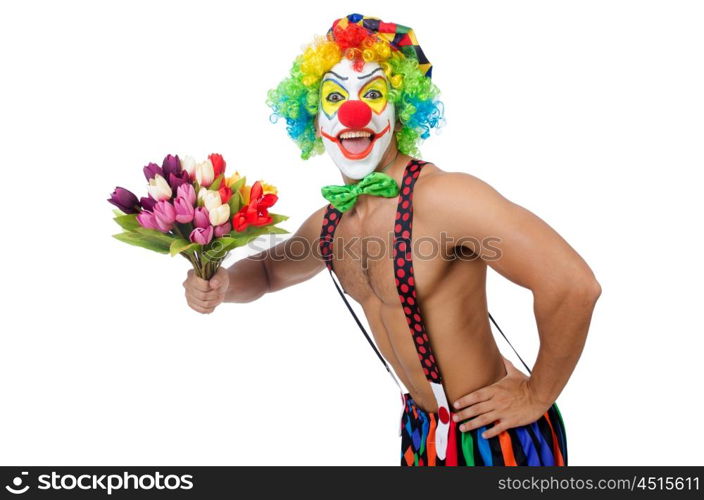 Clown with flowers on white