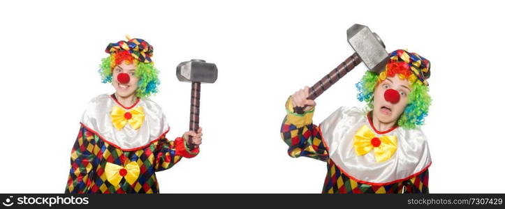 Clown with hammer isolated on white