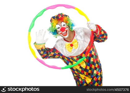 Clown with hula hoop isolated on white