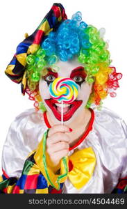 Clown with lollipop isolated on white