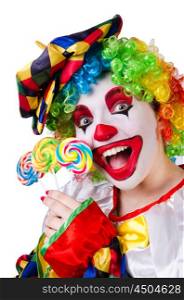 Clown with lollipop isolated on white