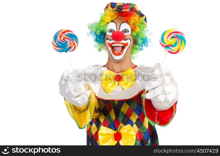 Clown with lollipops isolated on white