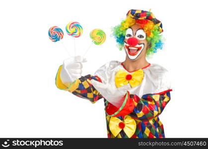 Clown with lollipops isolated on white