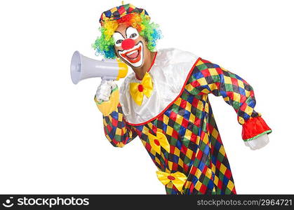 Clown with loudspeaker on white