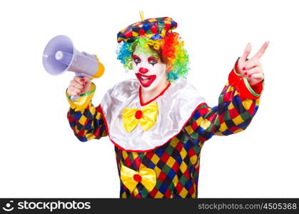 Clown with loudspeaker on white