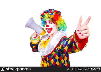 Clown with loudspeaker on white