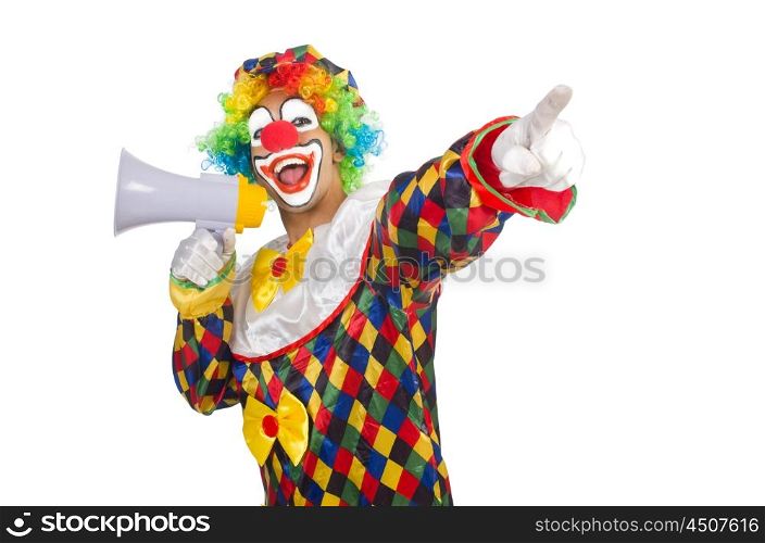 Clown with loudspeaker on white