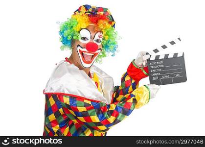Clown with movie board on white