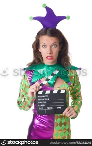 Clown with movie board on white