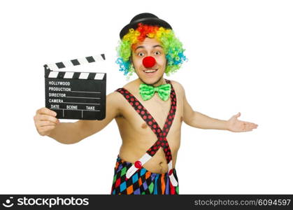 Clown with movie board on white