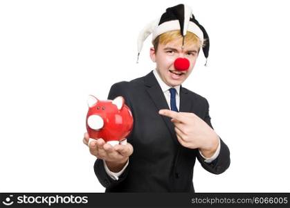Clown with piggybank in funny concept