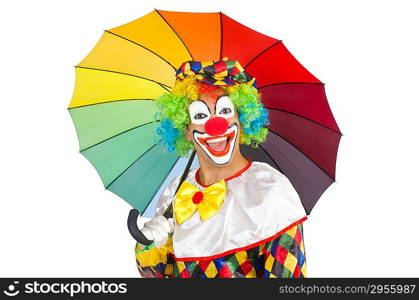 Clown with umbrella isolated on white