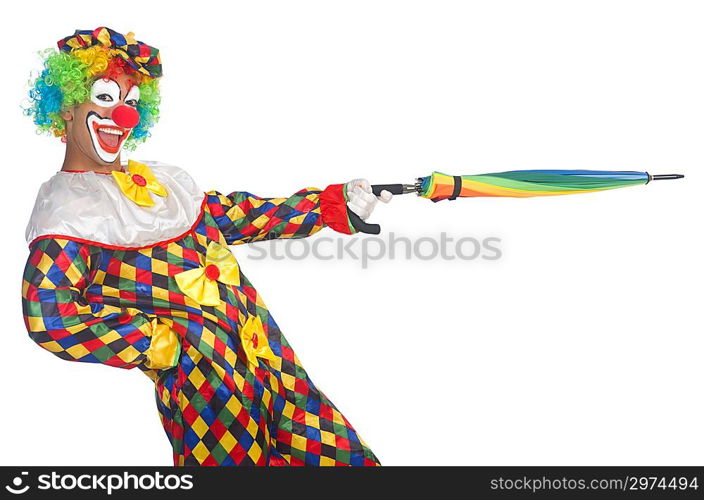 Clown with umbrella isolated on white