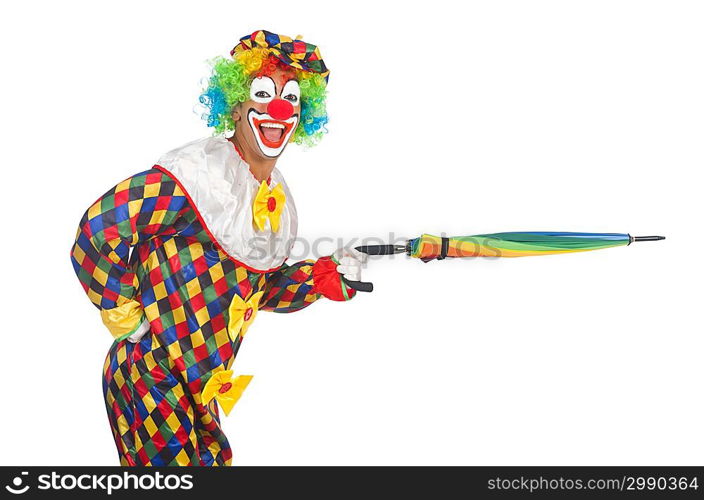 Clown with umbrella isolated on white