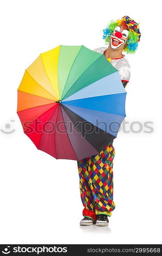 Clown with umbrella isolated on white