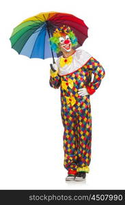 Clown with umbrella isolated on white