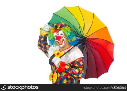 Clown with umbrella isolated on white