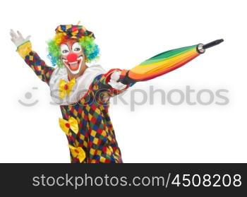 Clown with umbrella isolated on white