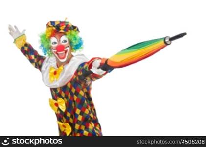 Clown with umbrella isolated on white