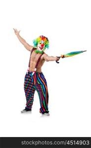 Clown with umbrella isolated on white