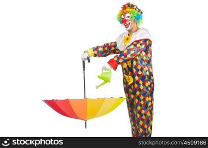 Clown with umbrella on white