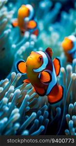 Clownfish Swimming Among the Vibrant Corals of a Tropical Reef. Generative ai. High quality illustration. Clownfish Swimming Among the Vibrant Corals of a Tropical Reef. Generative ai