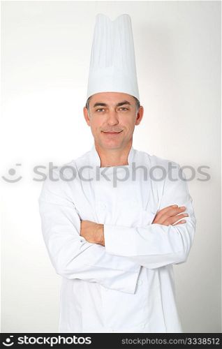 Clsoeup of standing chef on white background