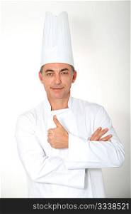 Clsoeup of standing chef on white background