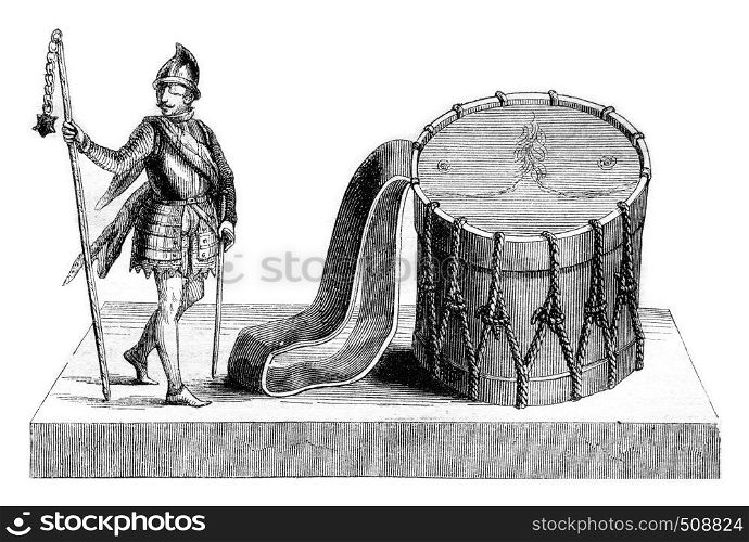 Club or Scourge Ziska, Drum made with skin Ziska, vintage engraved illustration. Magasin Pittoresque 1843.