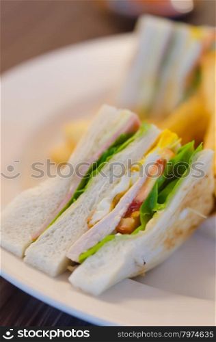 club sandwich. Delicious club sandwich with french fries at a dinner