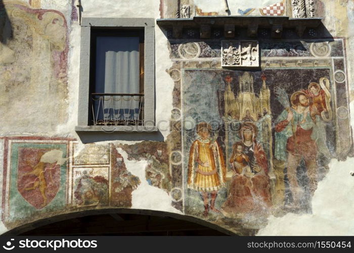 Clusone, Bergamo, Lombardy, Italy: historic Palazzo comunale, with frescos on the facade