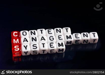 CMS Content Management System written on dices on black background