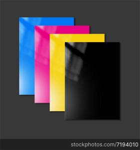 CMYK booklet covers set isolated on black background - mockup illustration. CMYK booklets set mockup on black background